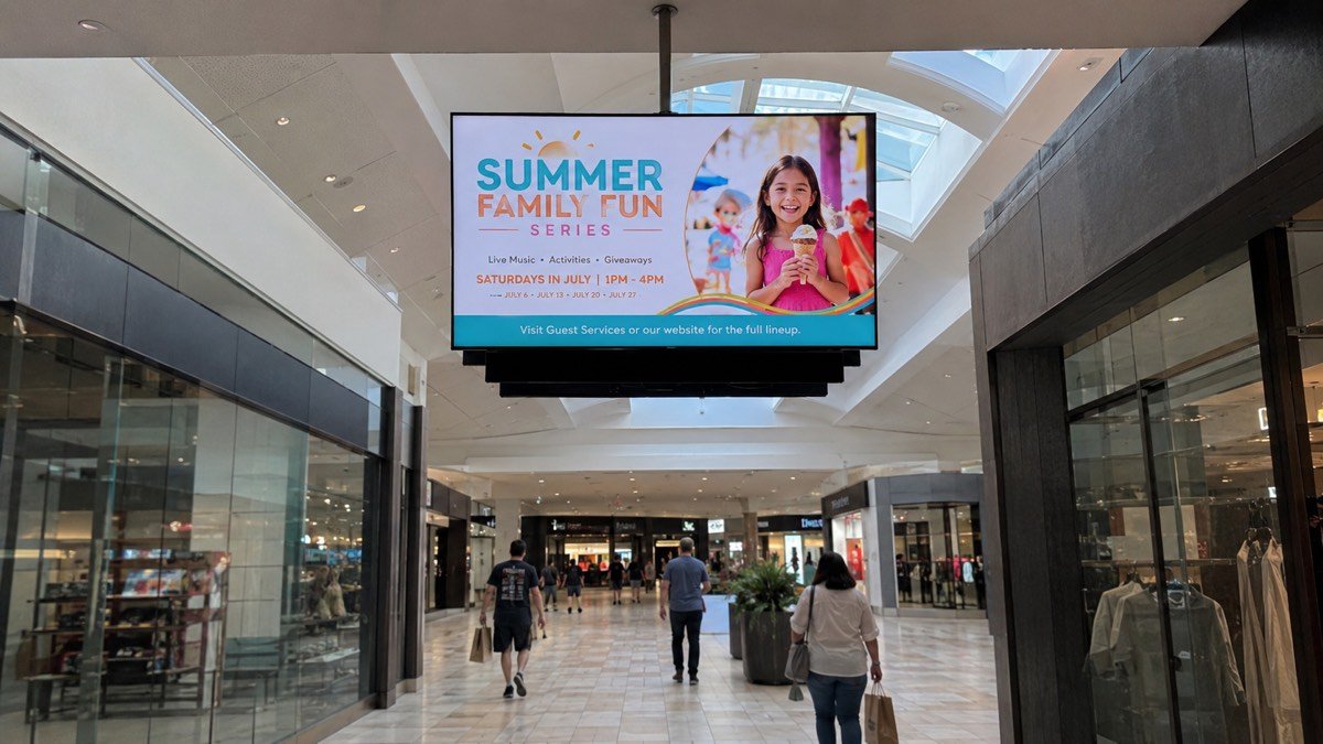 Illustrative example — a SpotrOS overhead digital display in a busy shopping-center corridor promoting a community event.
