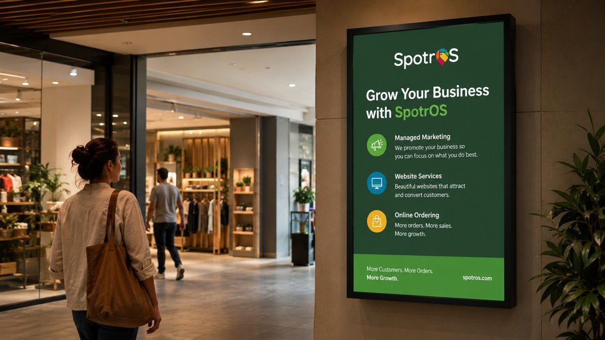 A SpotrOS showcase screen at a shop entrance, promoting the business to customers walking by