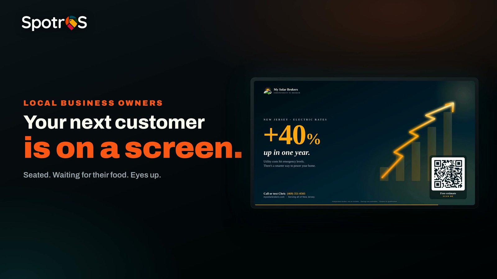 A SpotrOS screen displaying a restaurant ad with a +40% growth indicator, illustrating in-venue ad placement.