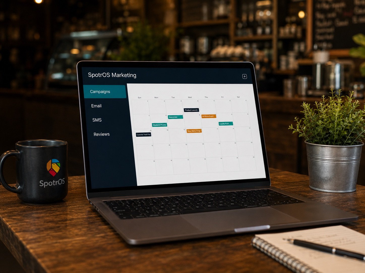 The SpotrOS Marketing campaign calendar open on a laptop, a month of promotions laid out in colored bars on a shop counter.