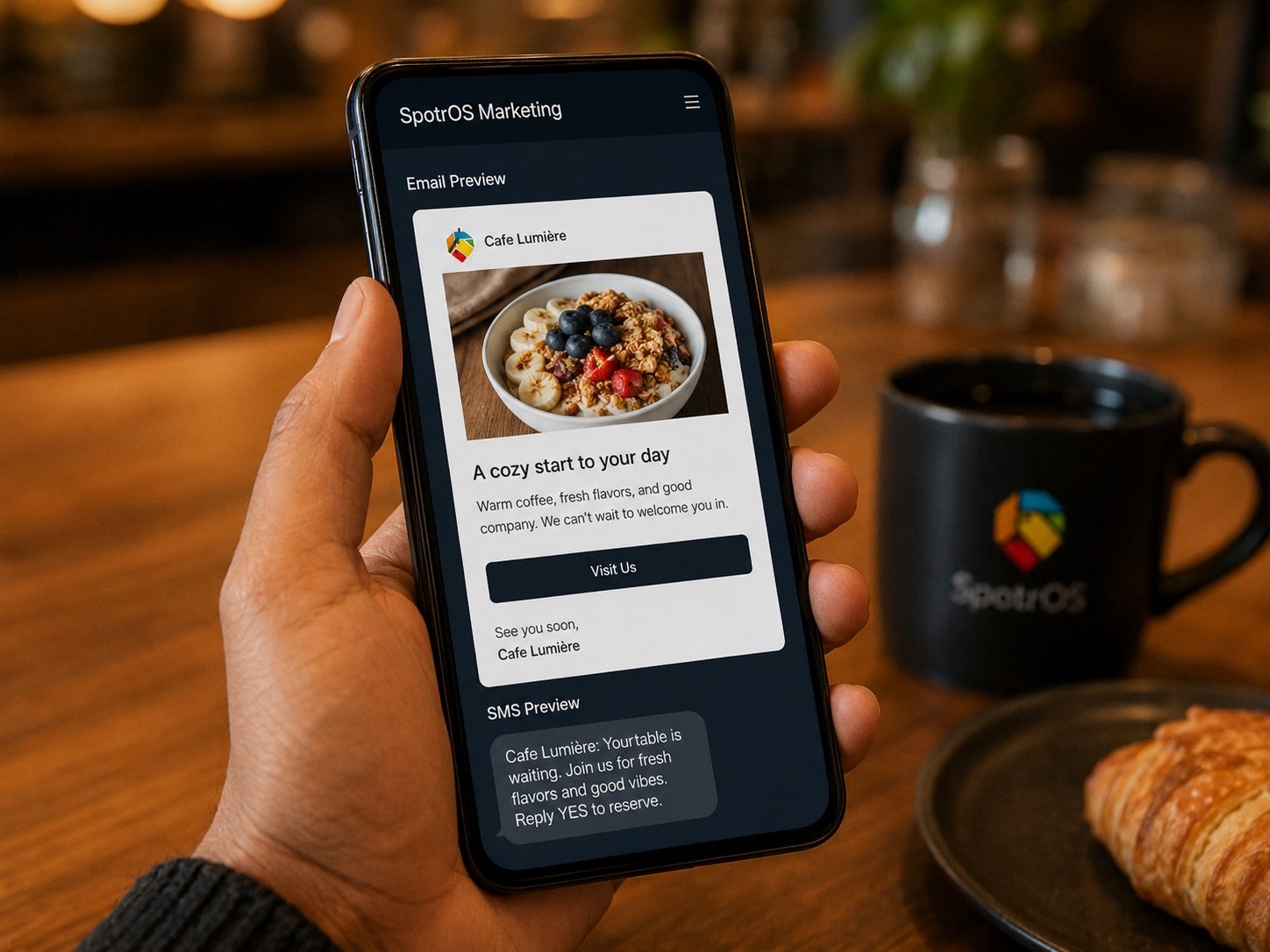 A hand holding a phone showing a SpotrOS Marketing email and SMS preview, a seasonal-menu message ready to send.