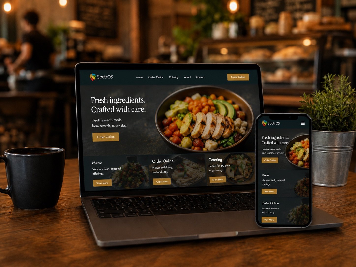 A SpotrOS-built restaurant landing page shown on a laptop and phone, with a Fresh Ingredients hero and Menu, Order Online, and Catering sections.