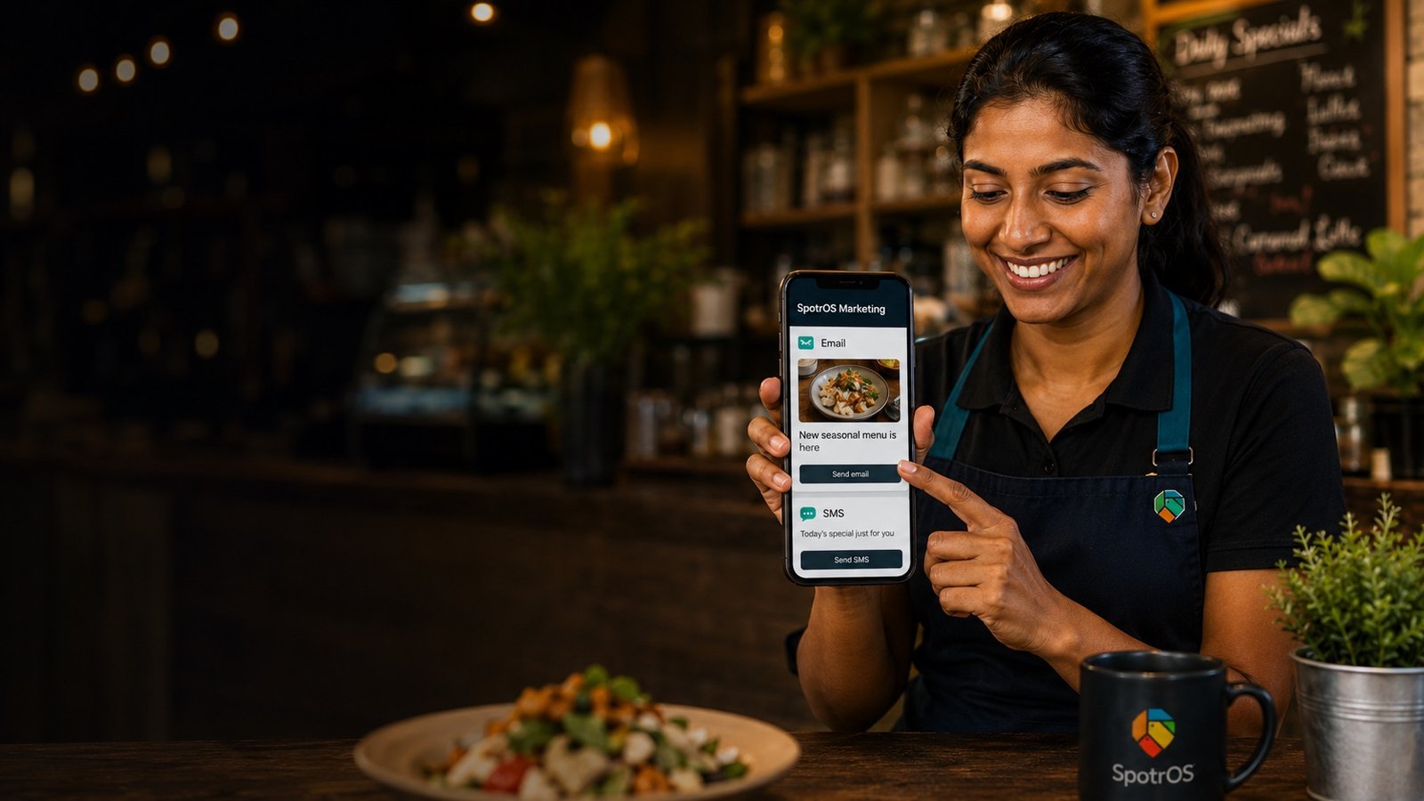 A smiling shop owner in an apron holding a phone showing a SpotrOS Marketing seasonal promotion ready to send.