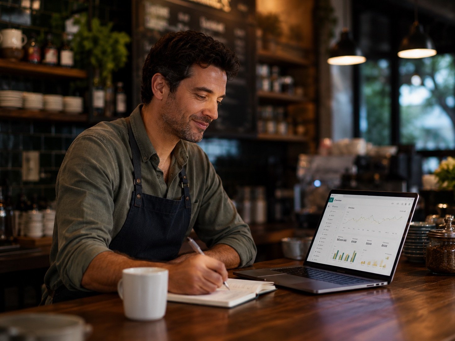 A shop owner reviewing a SpotrOS Marketing reporting dashboard on a laptop, showing a performance trend line and monthly bar charts.
