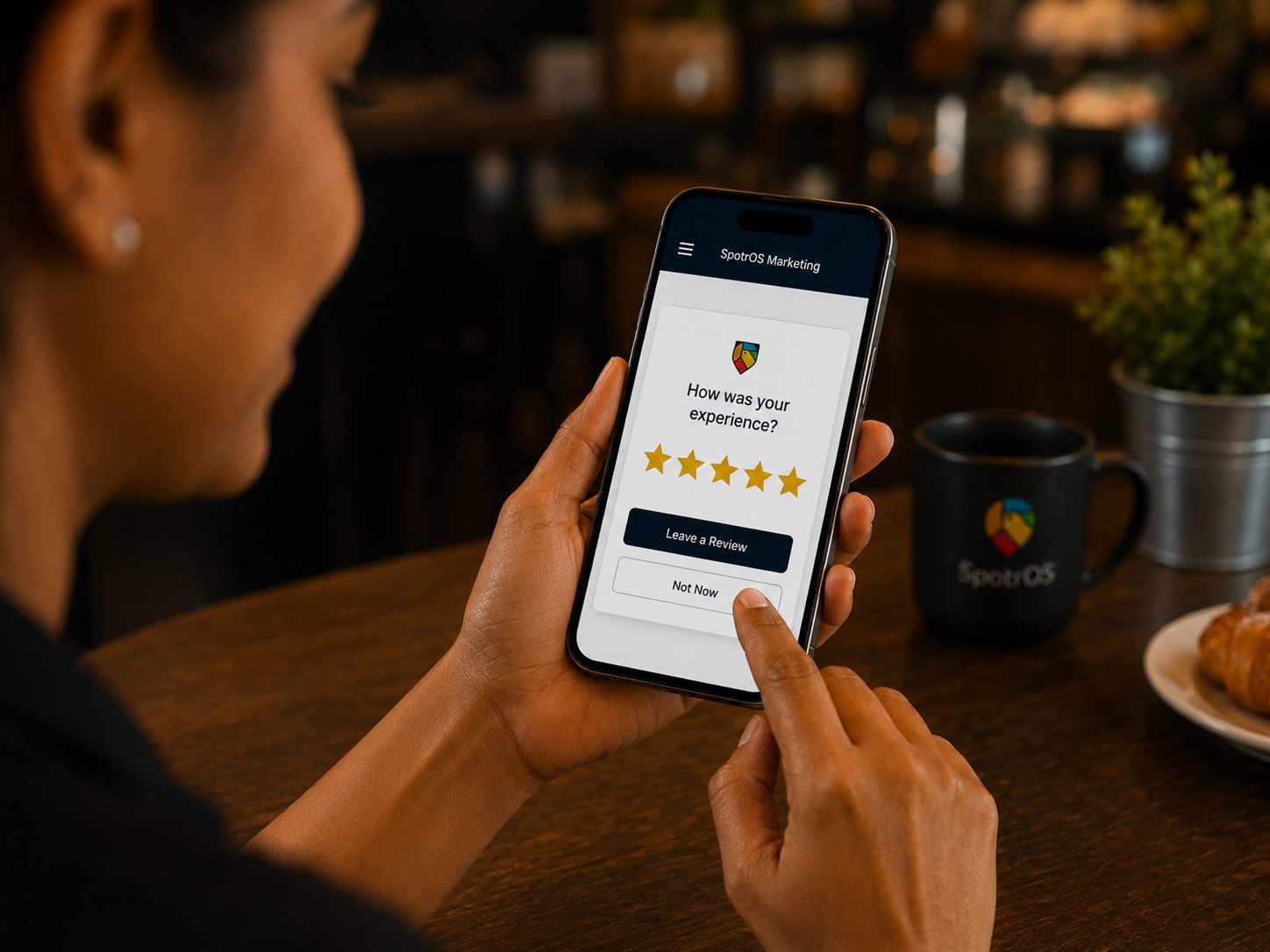 A phone showing a SpotrOS Marketing five-star review request sent to a customer right after a visit.