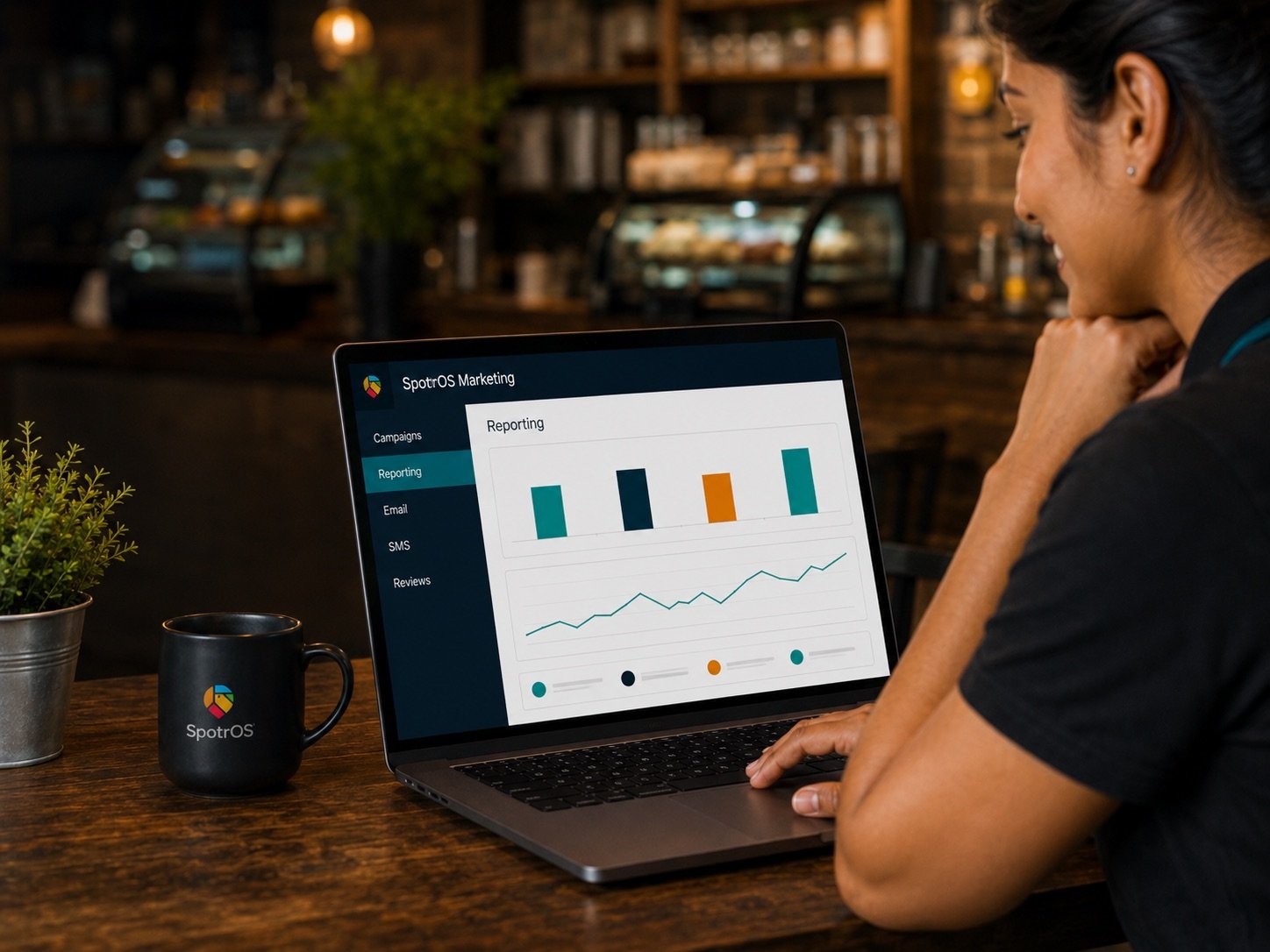 The SpotrOS Marketing reporting dashboard on a laptop in a warm cafe