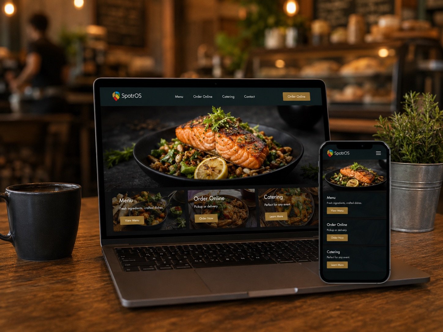 A restaurant website built by SpotrOS shown on a laptop and phone
