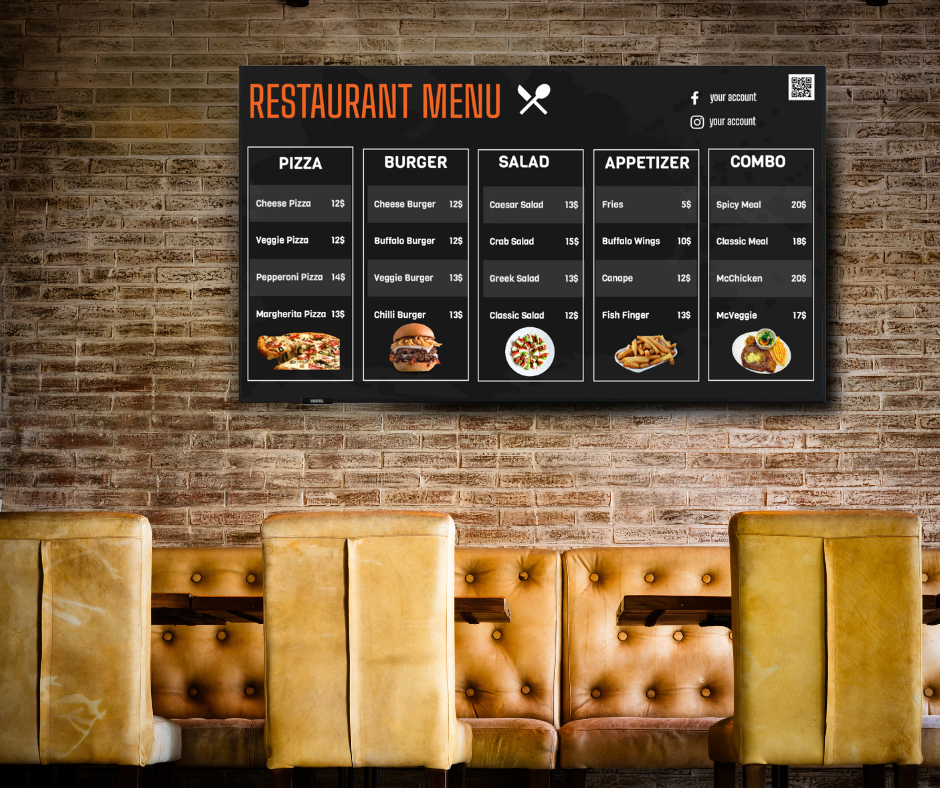 Digital menu board displaying restaurant menu on wall-mounted screen — SpotrOS Digital Signage