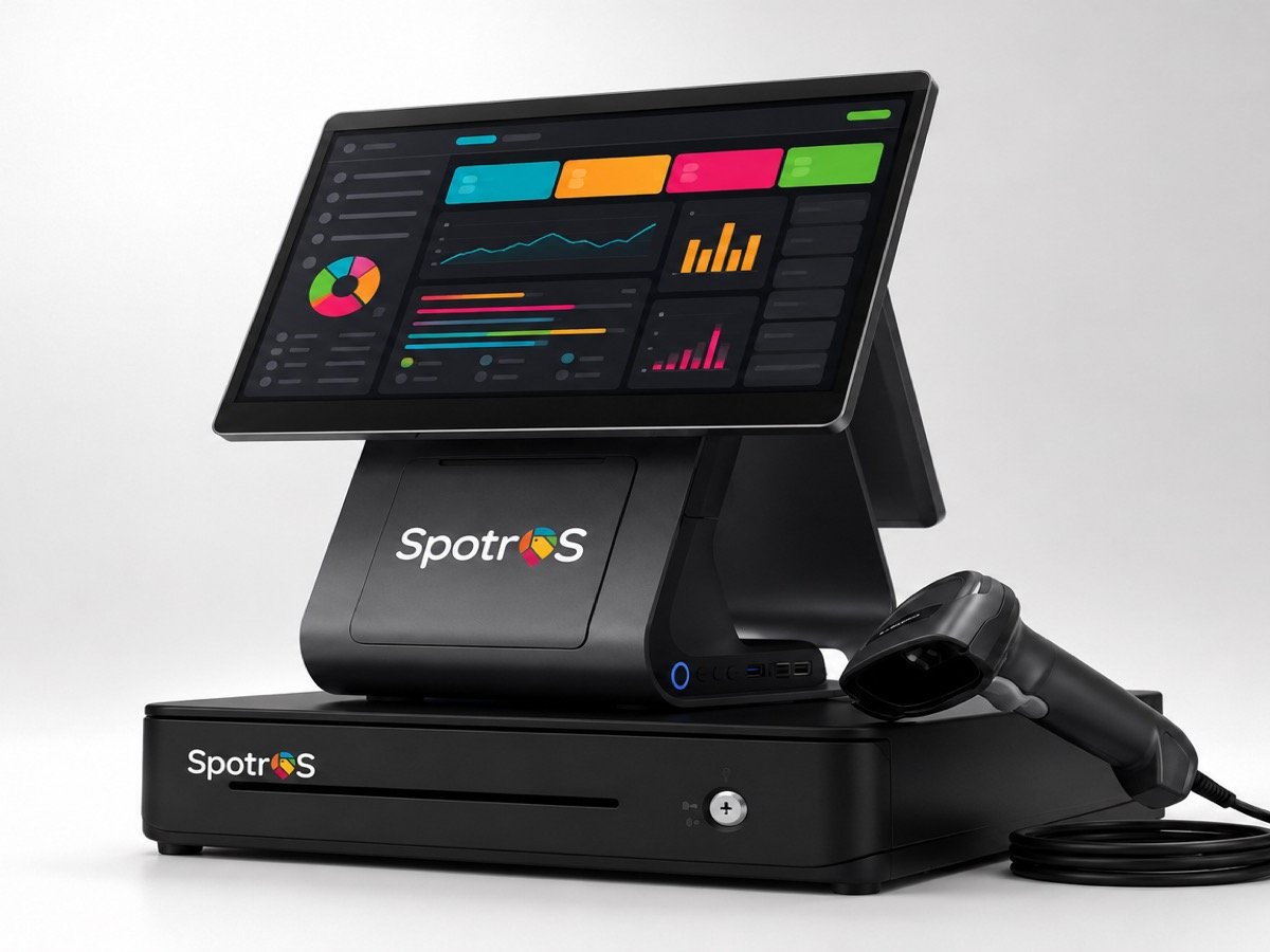 Illustrative example — a SpotrOS POS terminal on a cash drawer with a handheld barcode scanner, showing the full checkout hardware setup