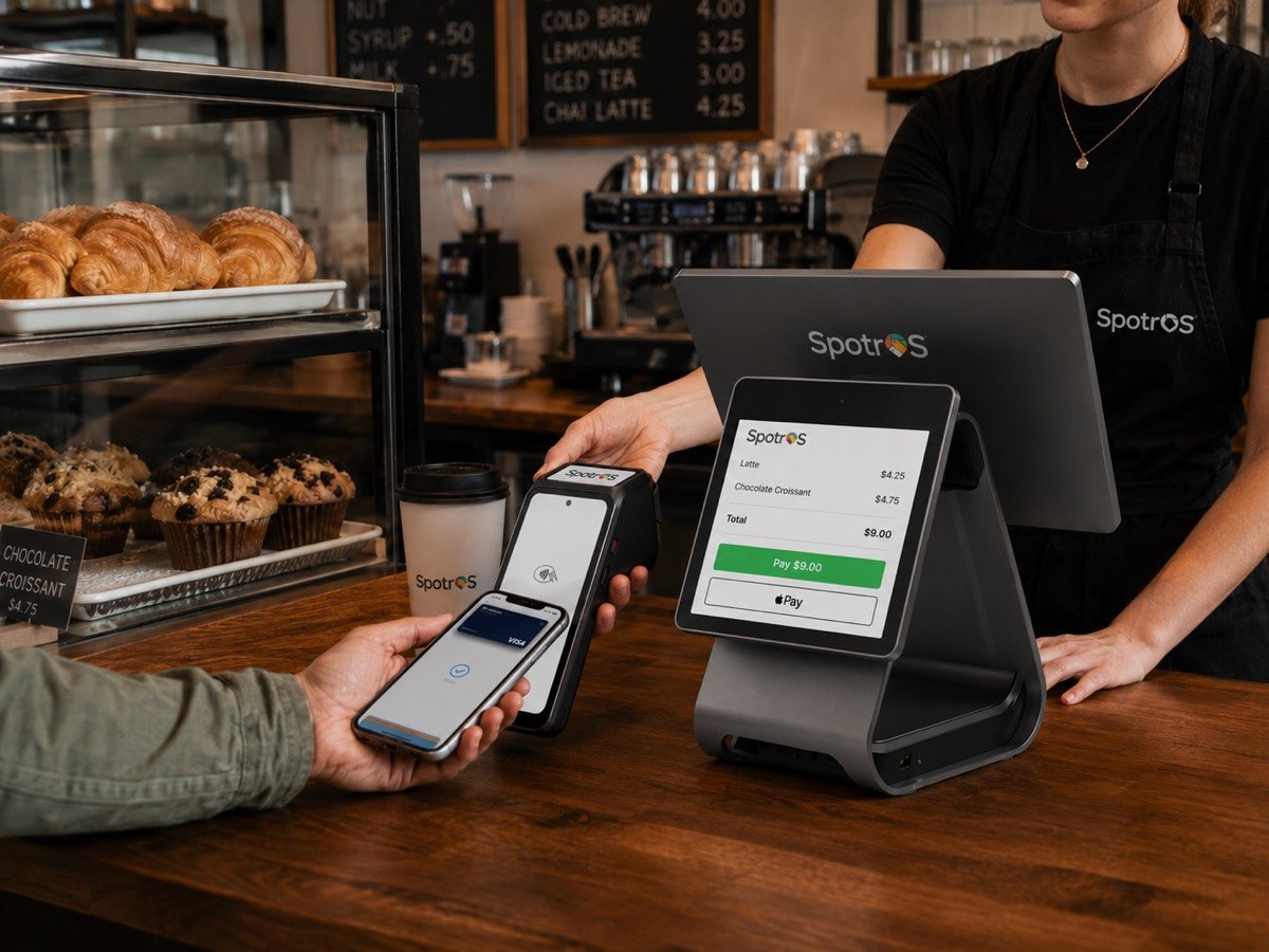 Illustrative example — a SpotrOS handheld card reader used at a cafe counter as a customer taps to pay, with a countertop POS display alongside