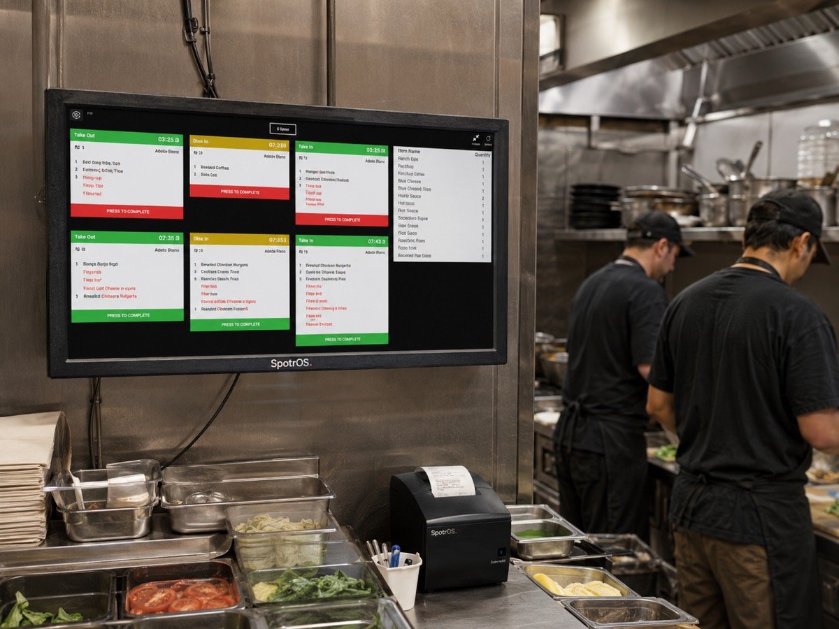 Illustrative example — a SpotrOS kitchen display system showing live order tickets on a screen in a commercial kitchen