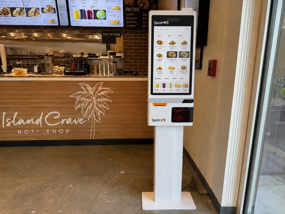 Illustrative example — a SpotrOS self-order kiosk on a stand at the entrance of a quick-service restaurant