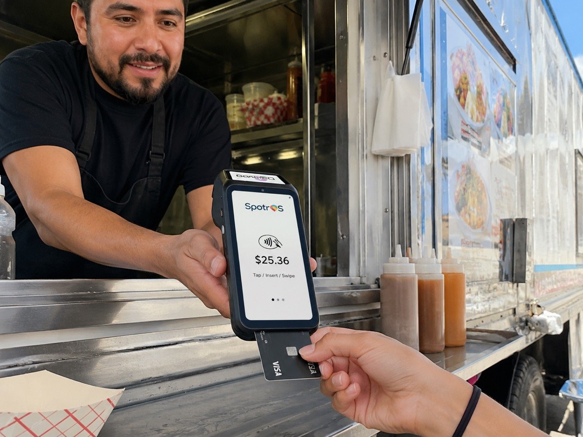 Illustrative example — a SpotrOS handheld card terminal at a food-truck window as a customer taps to pay, beside the truck menu board