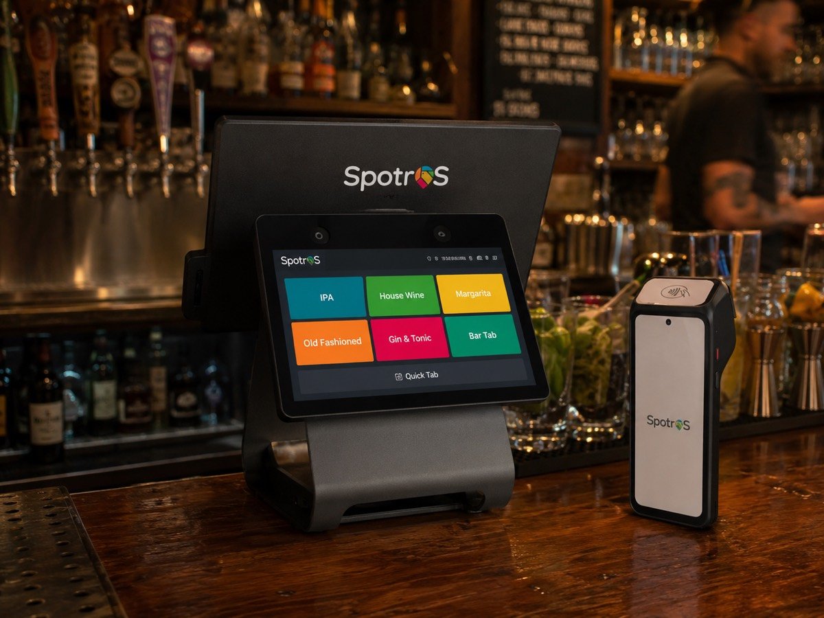 Illustrative example — a SpotrOS dual-screen POS terminal and handheld card reader on a bar counter