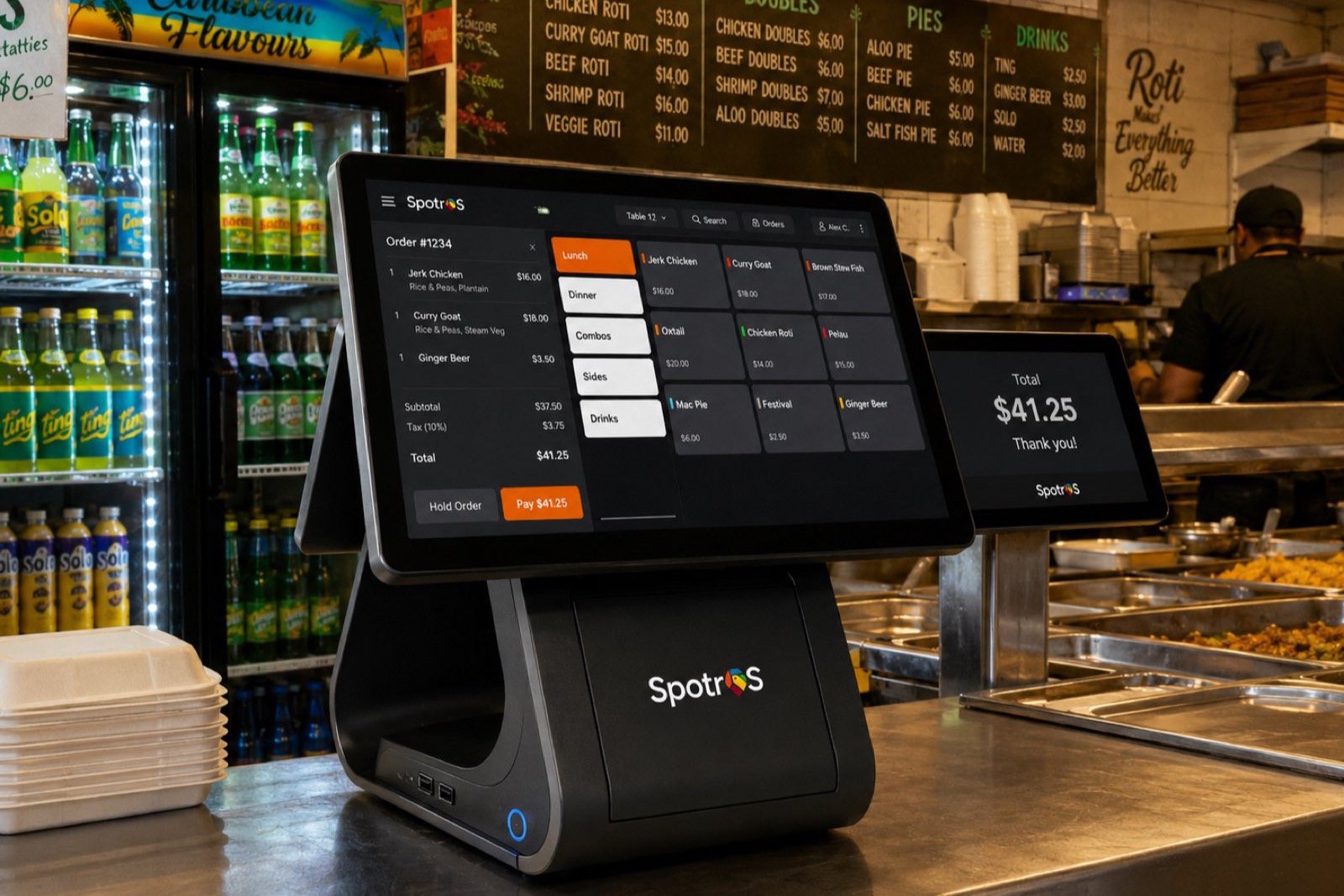 Illustrative example — SpotrOS dual-screen POS with a customer-facing display at a Caribbean roti-shop counter