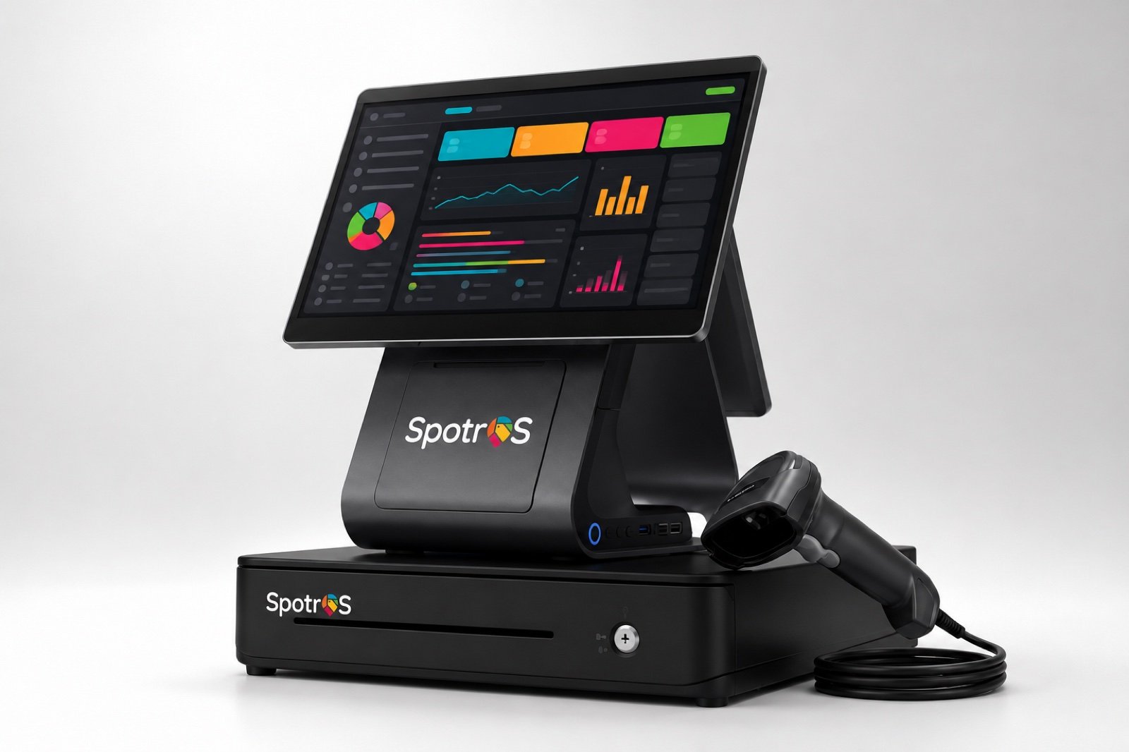 Illustrative example — SpotrOS POS with cash drawer and barcode scanner in a full checkout setup