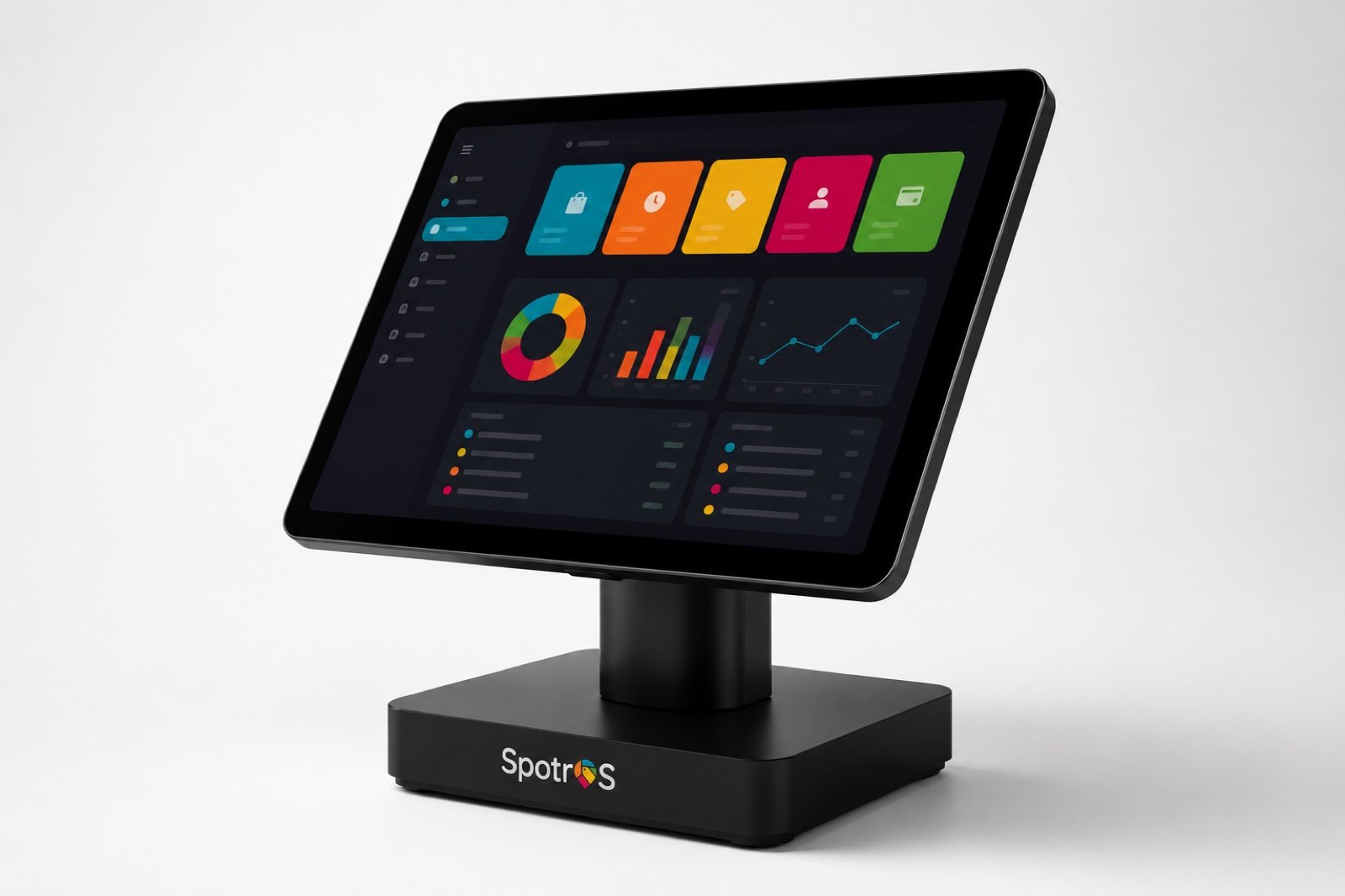 Illustrative example — SpotrOS compact tablet-style POS on a flip-pedestal