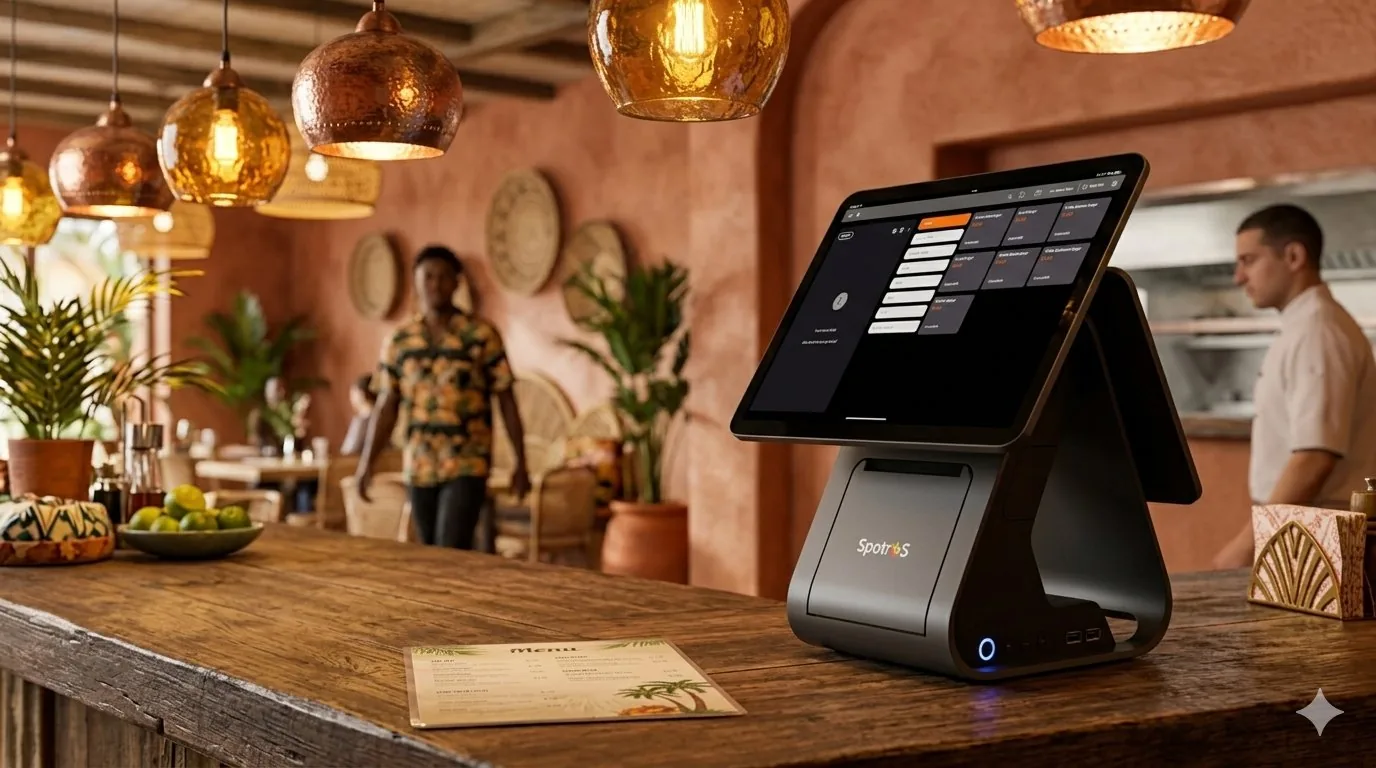 Point-of-sale terminal on a restaurant service counter.