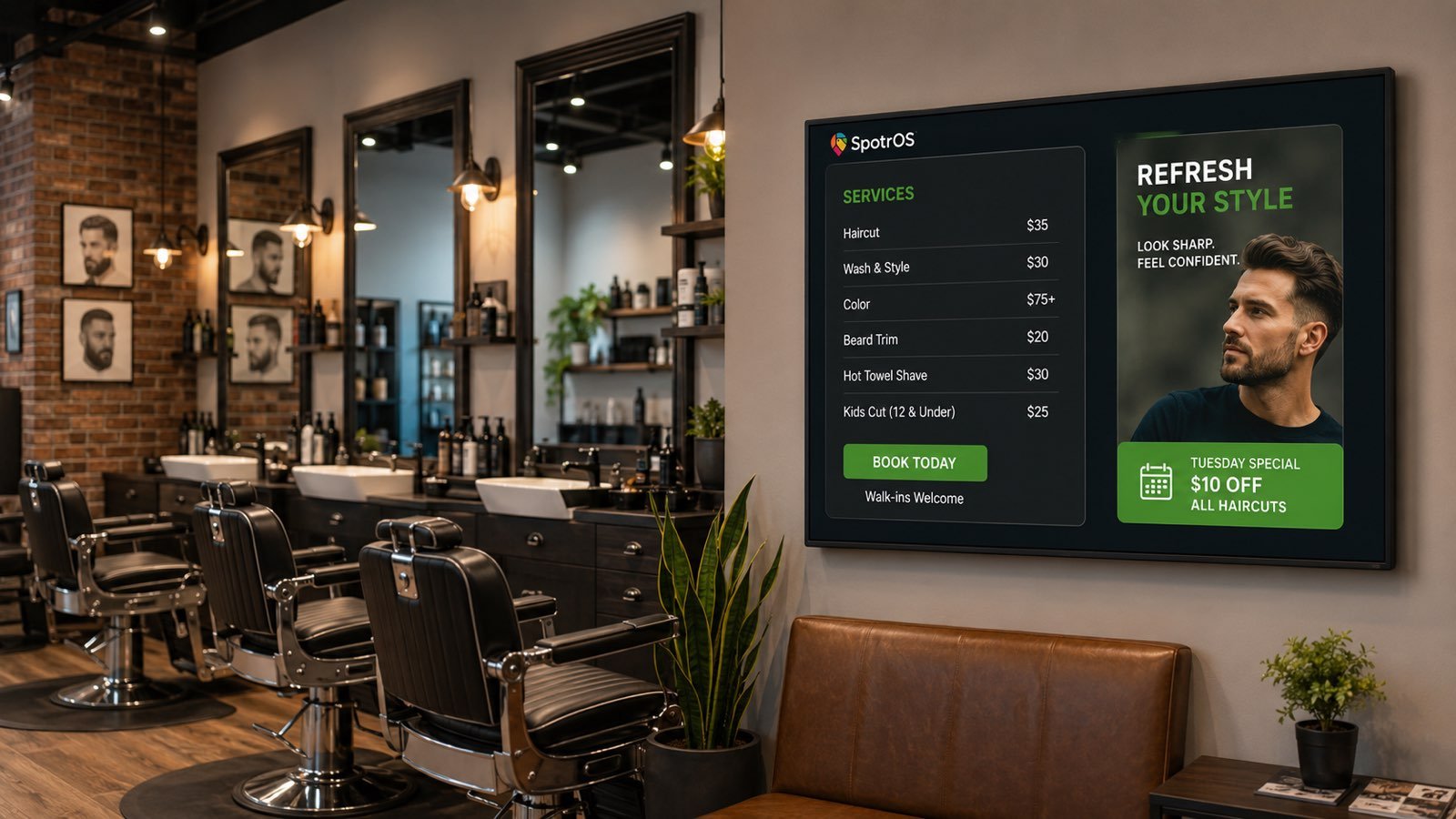 Illustrative example — SpotrOS digital signage showing a barbershop service menu and promos