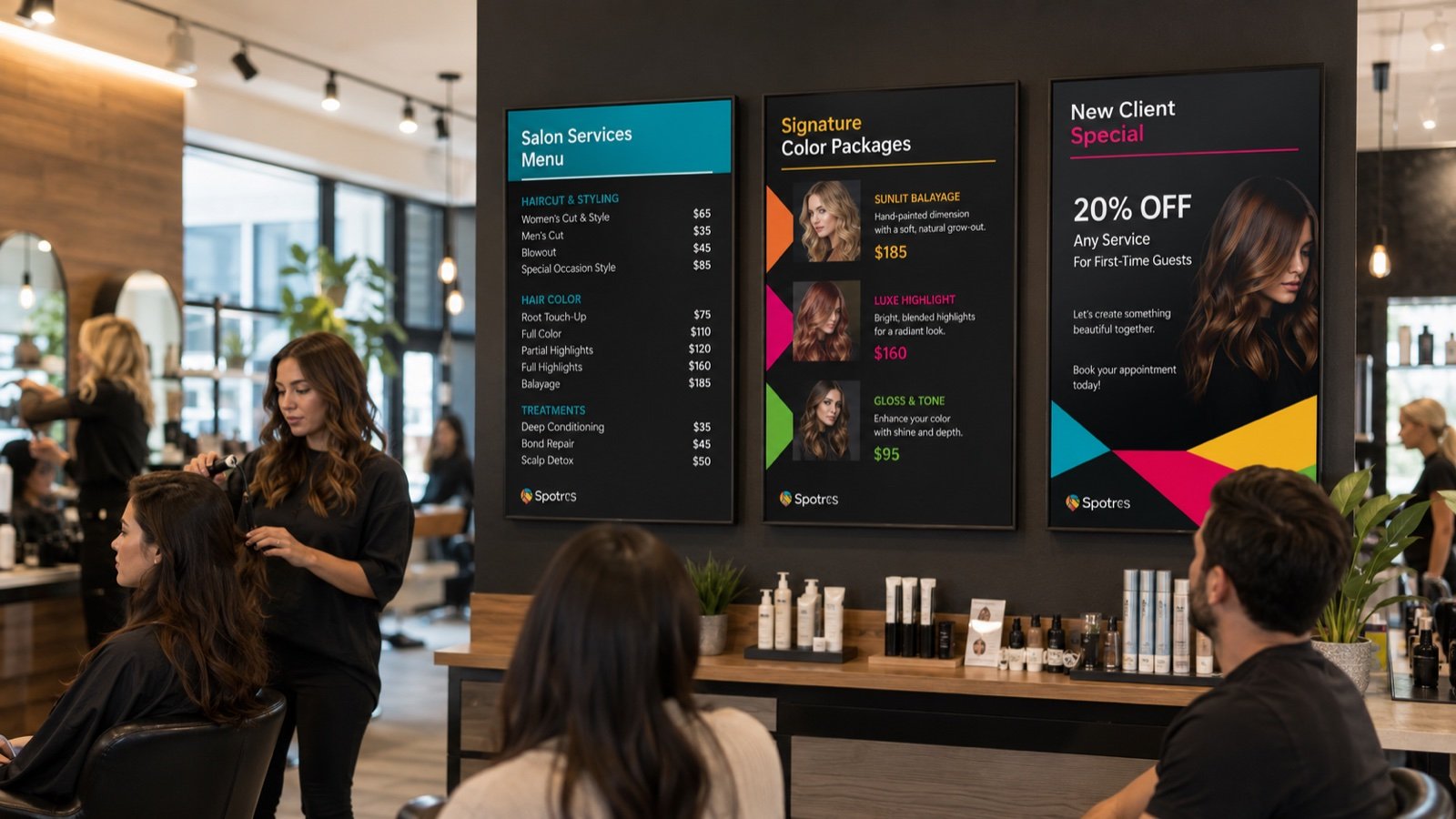 Illustrative example — SpotrOS digital signage in a salon showing service menu and packages