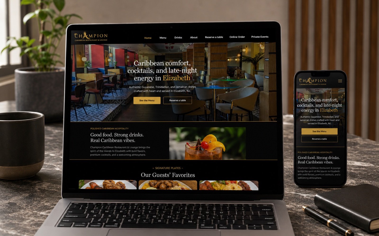 Champion Caribbean Restaurant & Lounge — SpotrOS-built website with reservations and online ordering