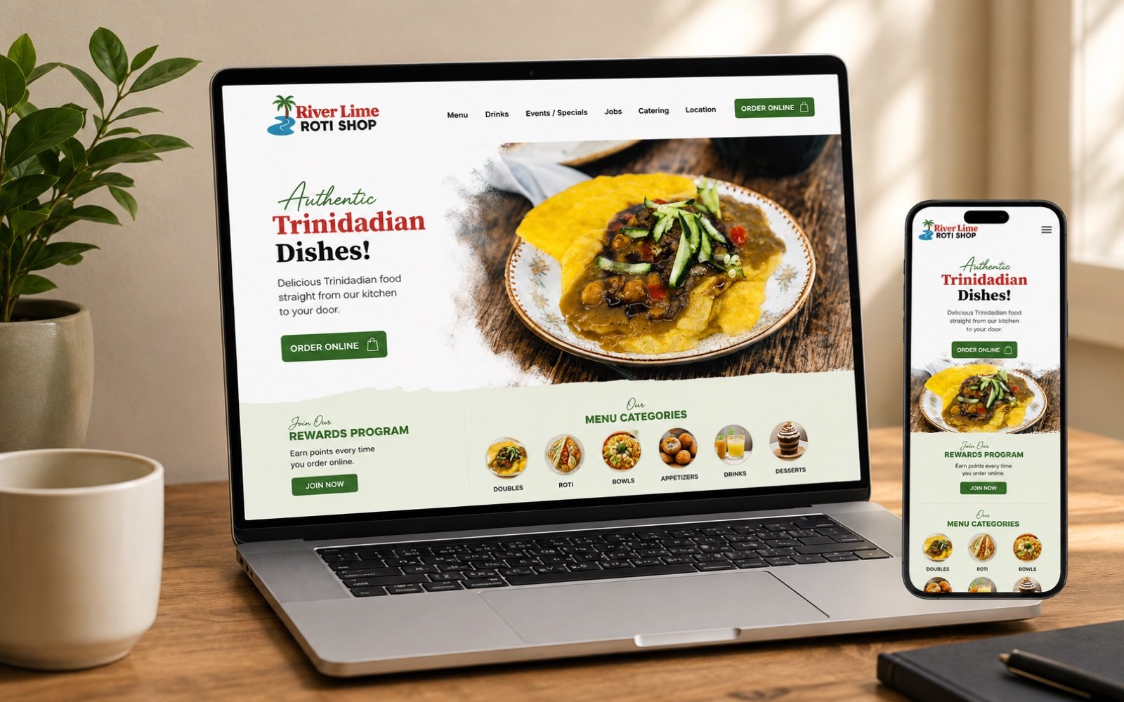 River Lime Roti Shop — SpotrOS-built Trinidadian restaurant website with menu categories and direct ordering